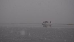 Image of a floatplane taxiing through the Thorne Bay during a snowstorm.