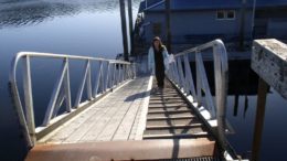 Melissa Cook climbs the ramp from the Southeast Island School District floating administration building in 2007
