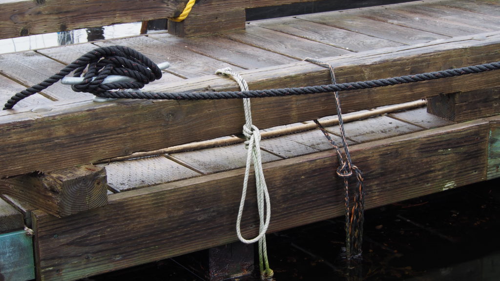 A wet dock in Thorne Bay, Alaska, with ropes hanging from the railing.