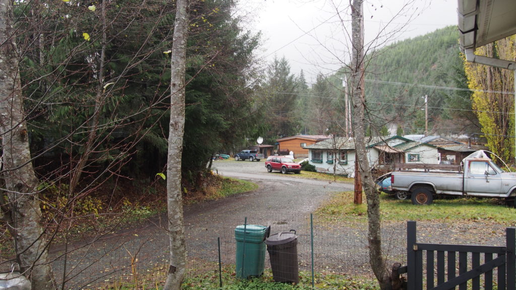 View of the isolated street looking at homes in Thorne Bay, Alaska