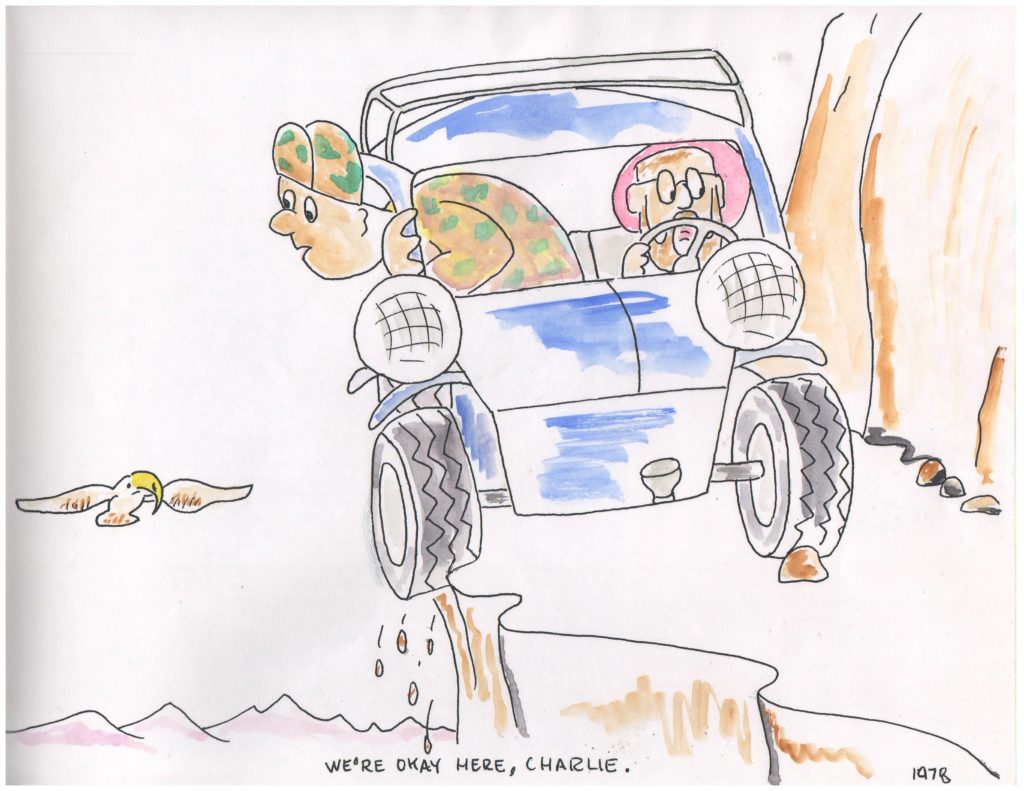 Drawing by Larry Kaniut of a Jeep with one tire off a cliff and a bird looking at the passenger