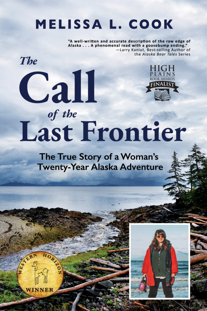 The cover of "The Call of the Last Frontier" shows the coast of Alaska with Author Melissa Cook standing on the beach